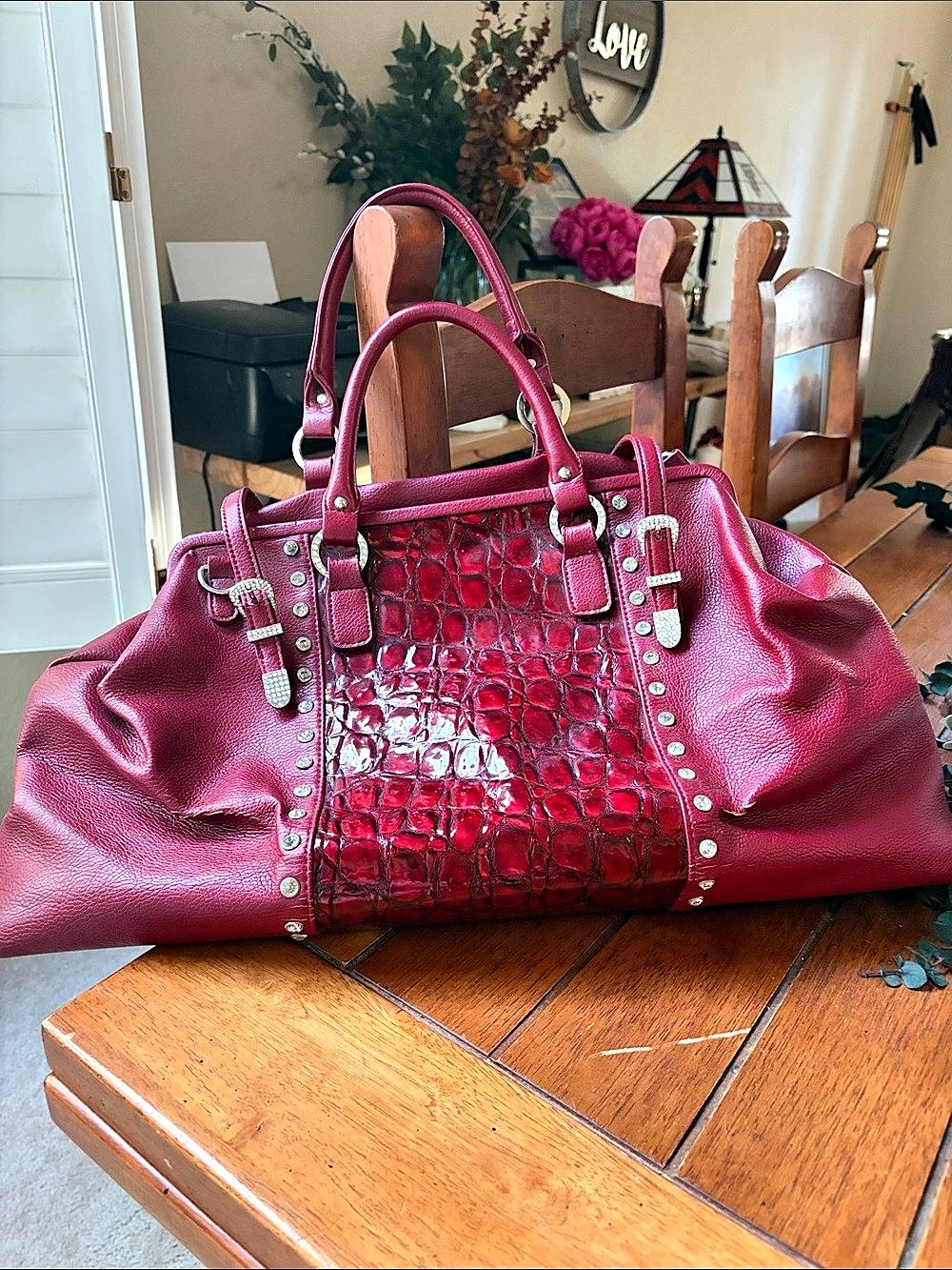 Vintage Lavive Embellished Crocodile-Texture Satchel in Red